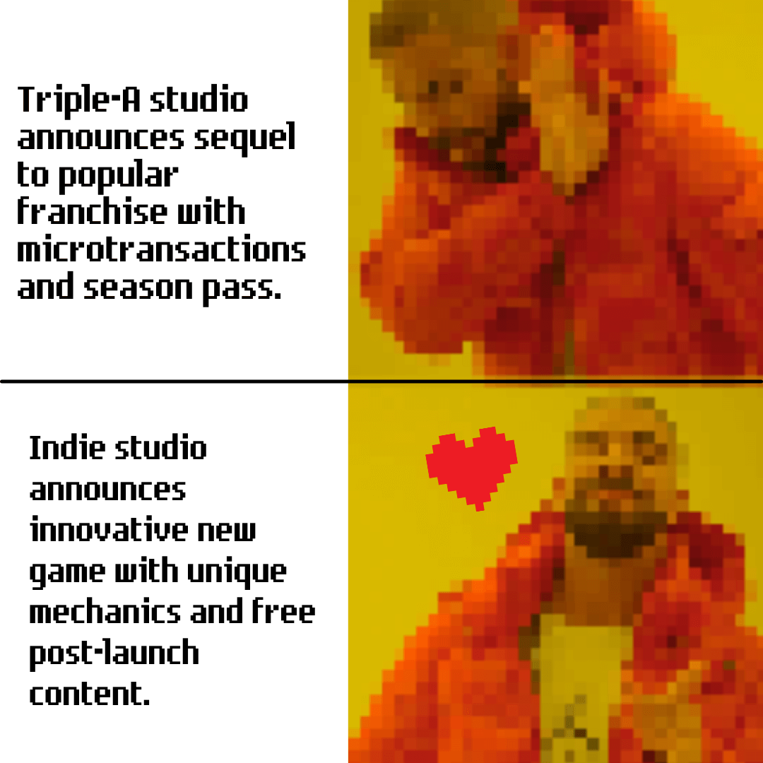 A meme with the Drake template where it says no no to triple A studios with microtransactions and season passes and yes yes to indie games with innovative games that with free post-launch content